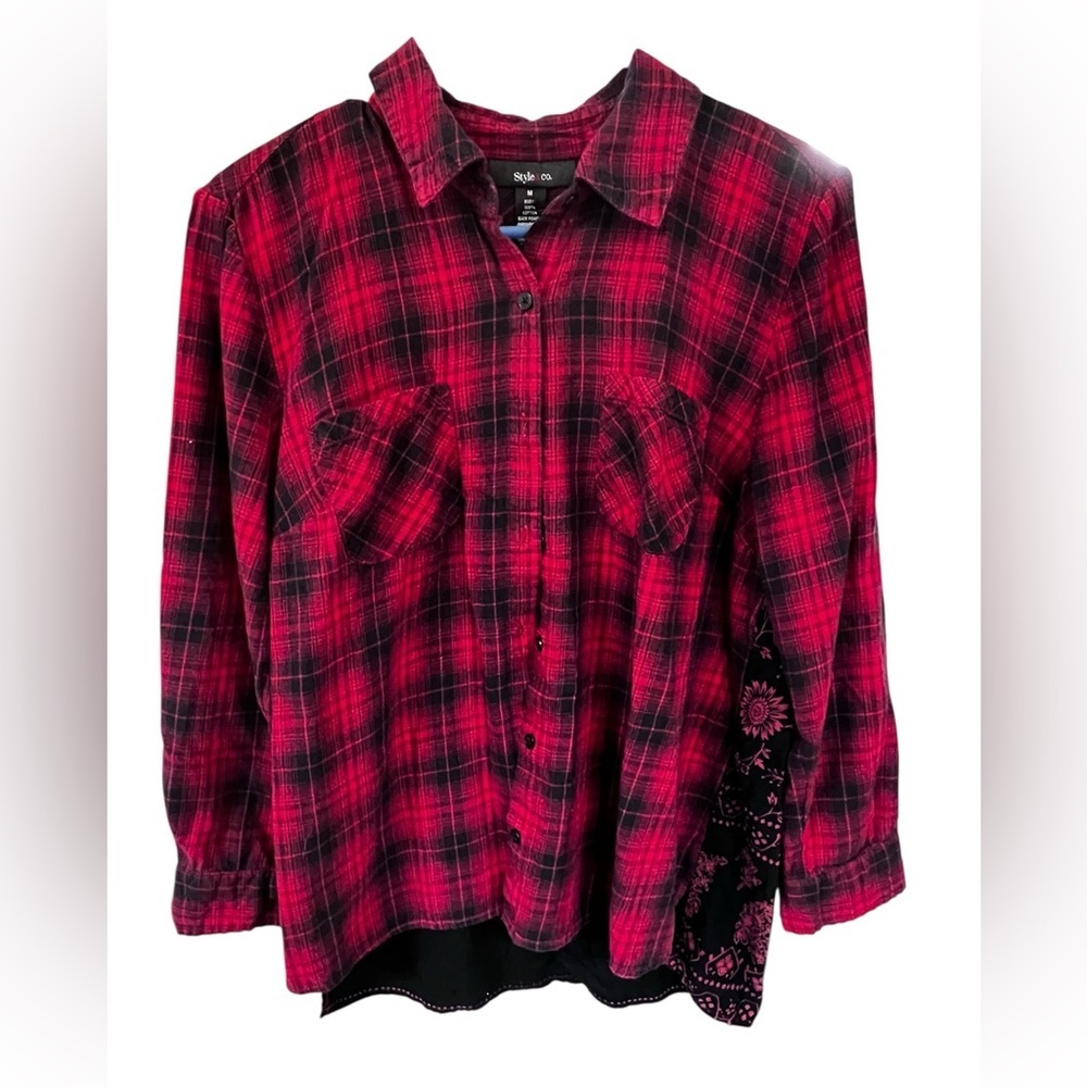 Style & Co Red Plaid Button-up Shirt Blouse Size M 100% Cotton Top